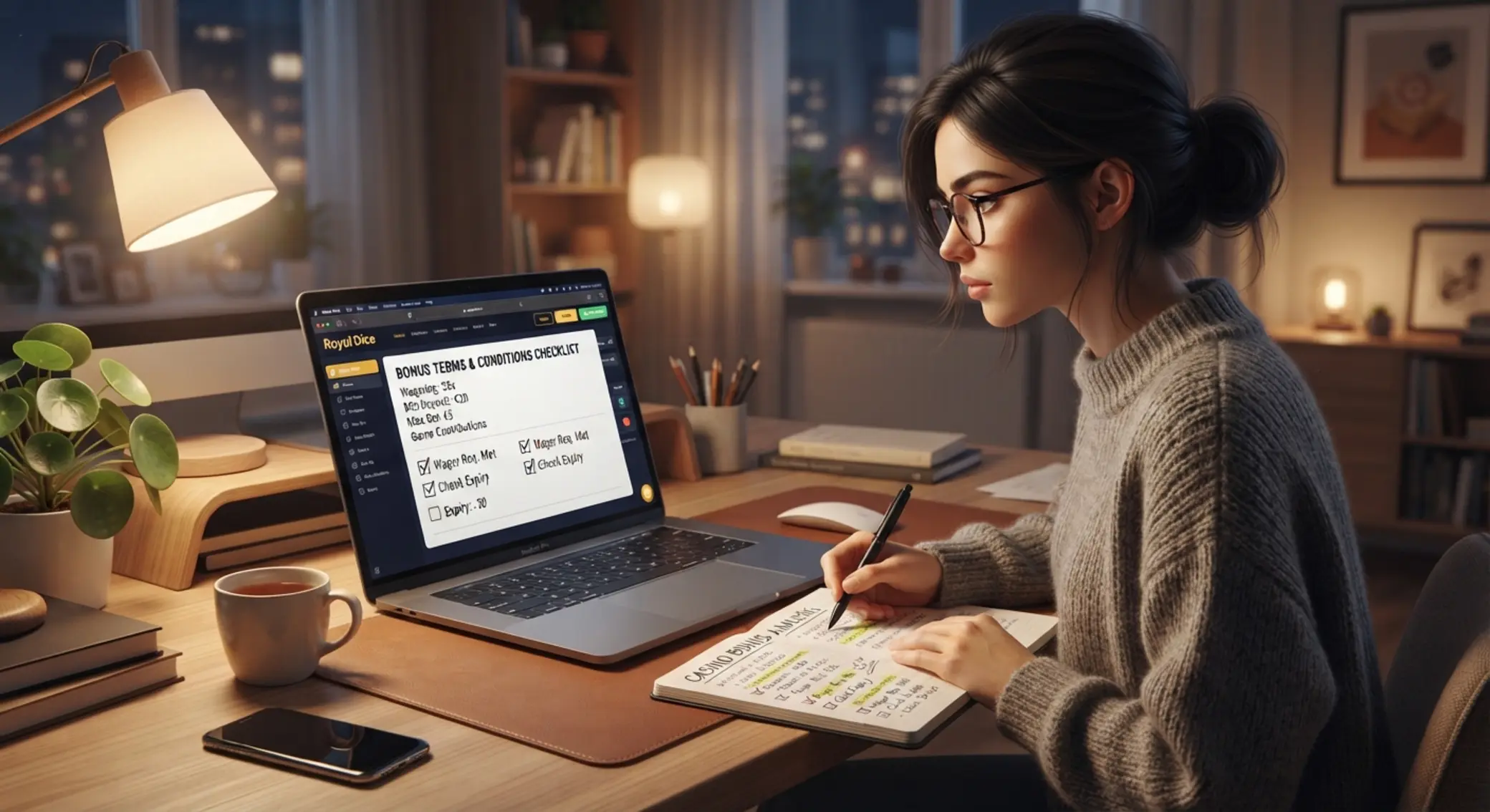 Játékos elemzi a bónuszfeltételeket laptopon