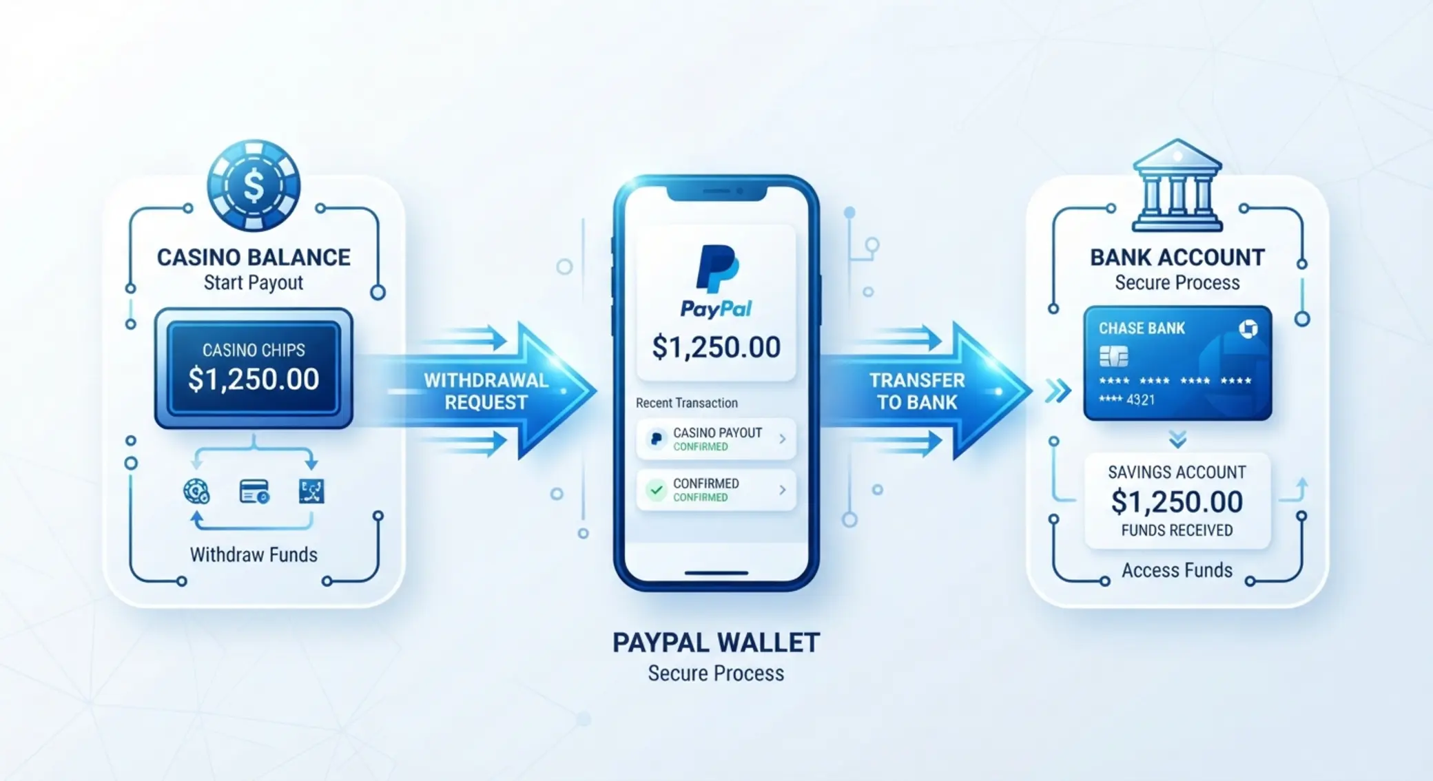 PayPal kifizetési folyamat ábra Kifizetési folyamat online kaszinóból PayPalra és bankszámlára