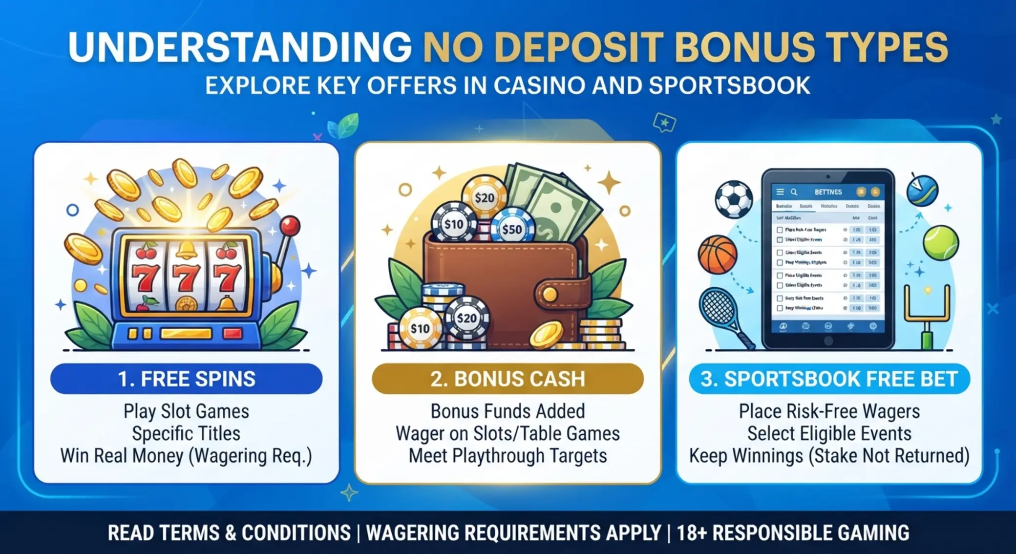 Főbb befizetés nélküli bónusztípusok Befizetés nélküli bónusztípusok: free spins, bónuszpénz és free bet