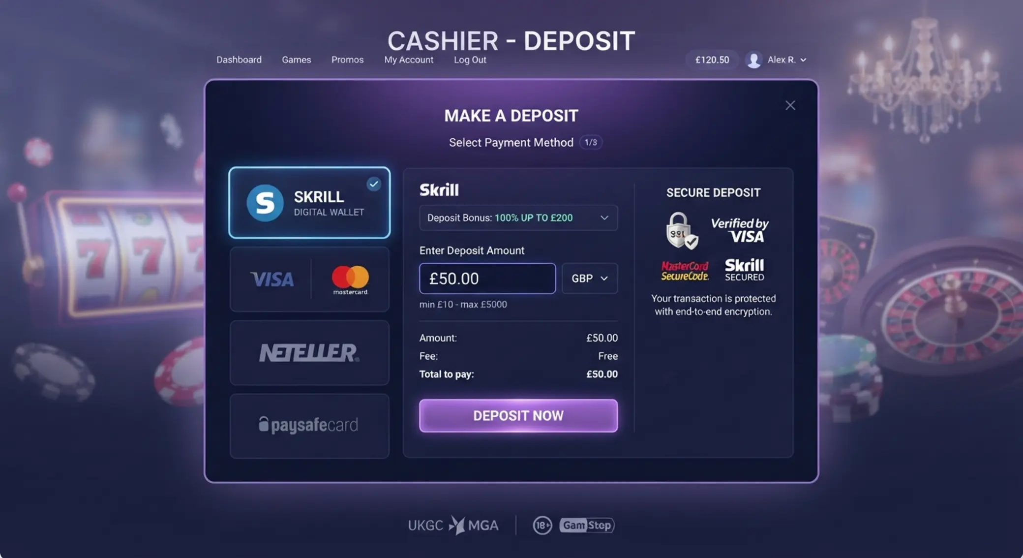 Online kaszinó pénztár Skrill befizetési opcióval