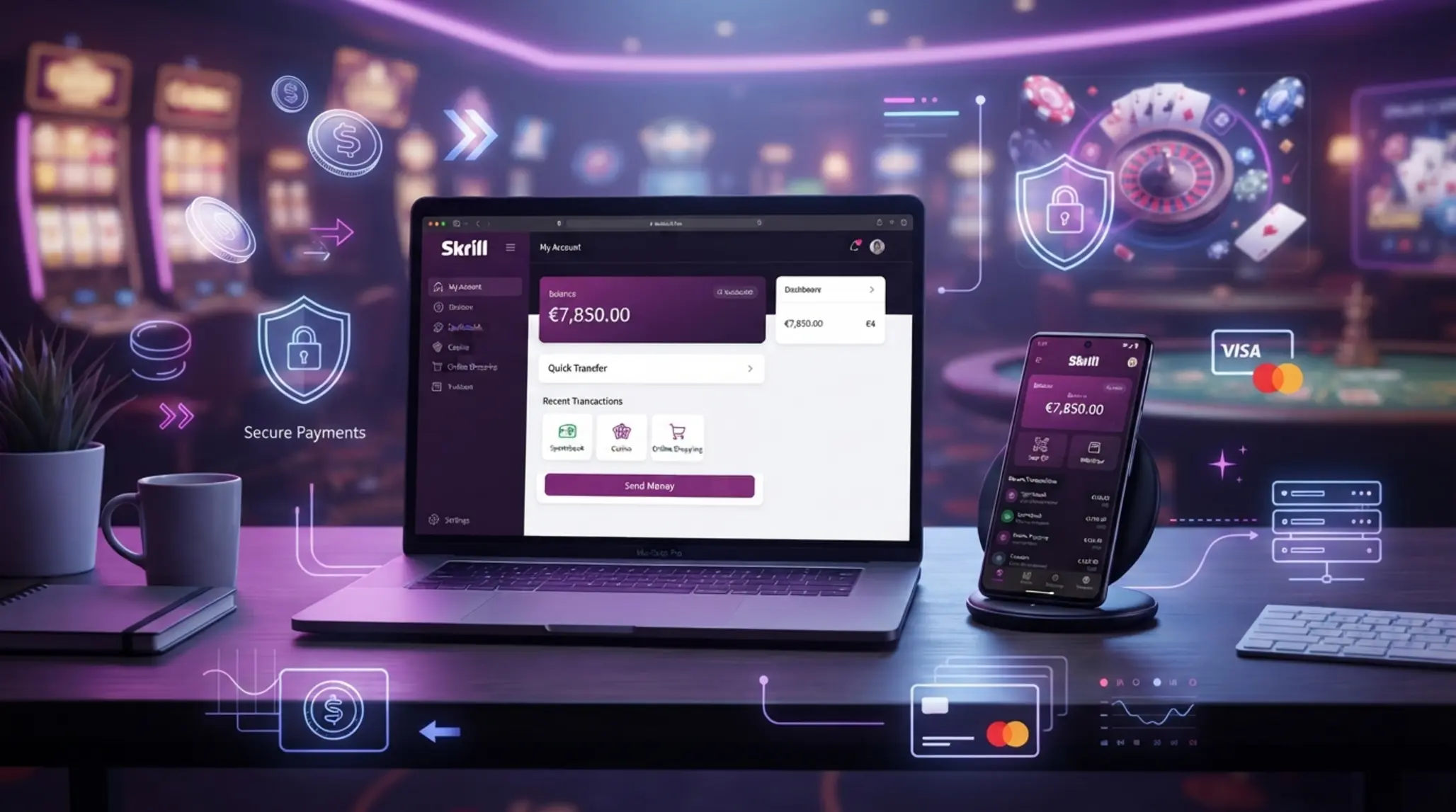 Skrill e-pénztárca témájú illusztráció lila felülettel
